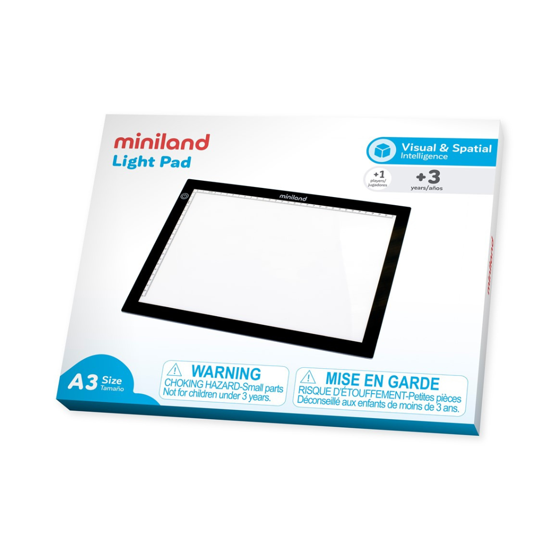 Mesa de luz A3 Lightpad Miniland para actividades sensoriales y educativas en niños desde 3 años
