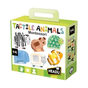 Puzzle Sensorial Animales con piezas grandes, texturas táctiles y bolsa de algodón orgánico para aprendizaje sensorial y coordinación.
