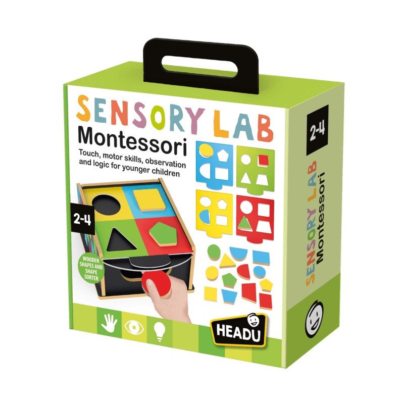Sensory Lab Montessori de Kiboo con piezas de madera, plantillas y base de apoyo para aprendizaje sensorial y lógico.